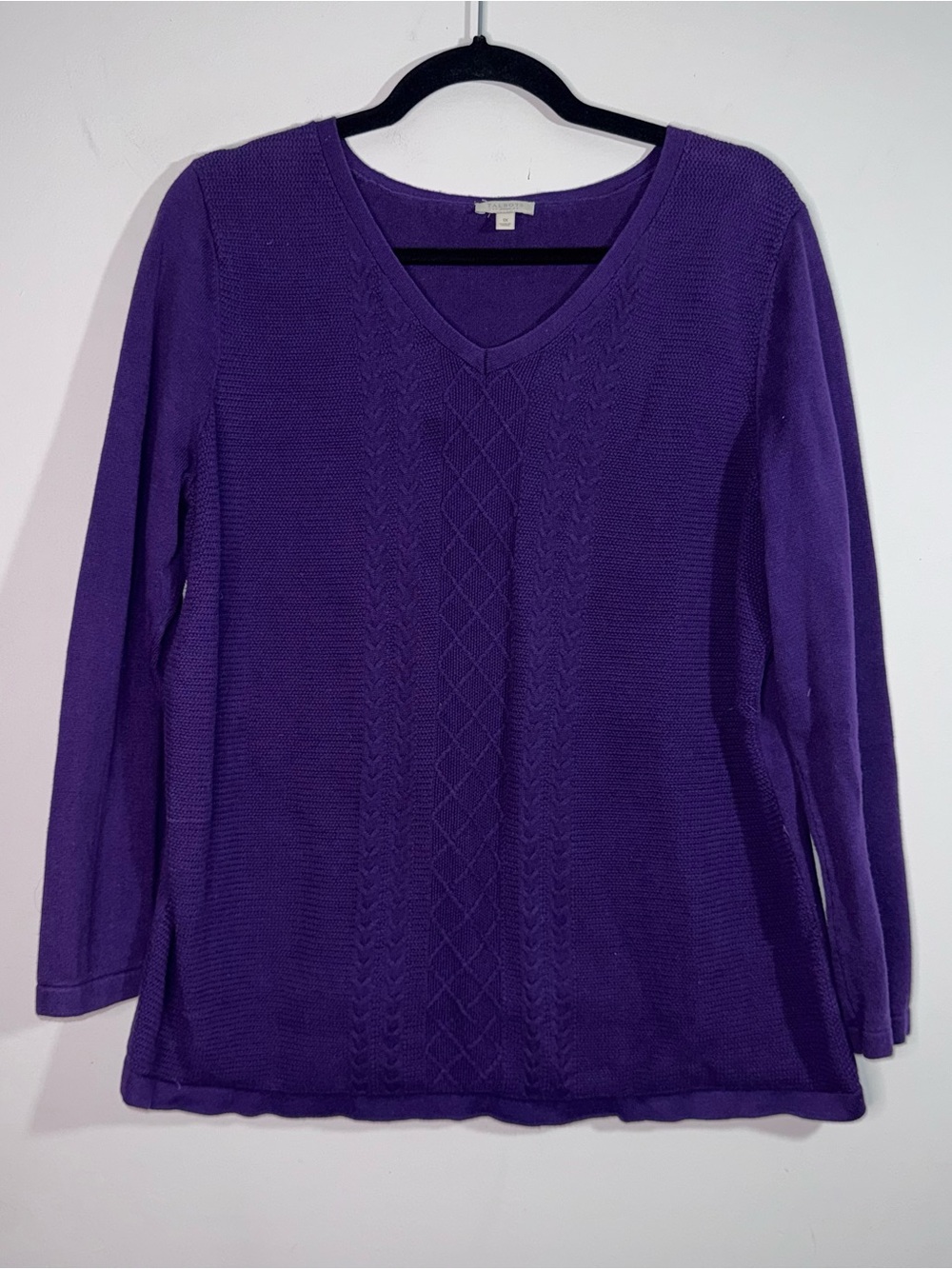 Talbots Preppy Cable Knit Sweater Purple V Neck Cotton Pullover Women’s XL